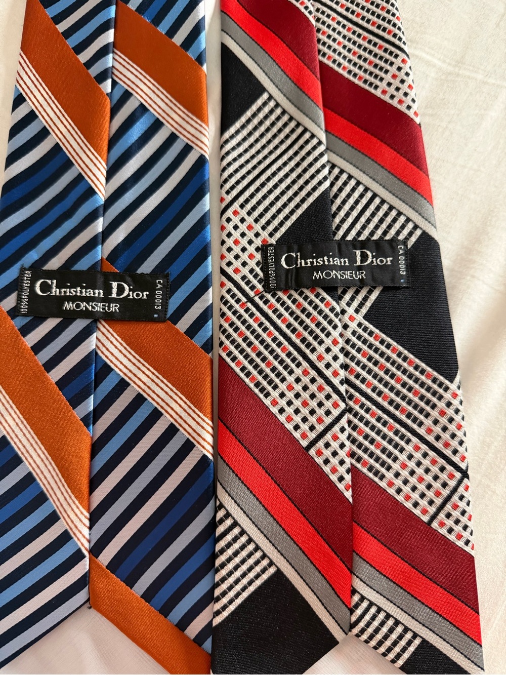 Christian Dior  Men's Polyester Ties — Blue, Orange & Red, Black Patterned Pair